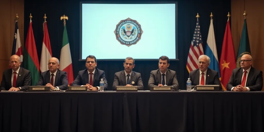 a group of men sitting at a table with flags behind them and a large screen behind them with a logo