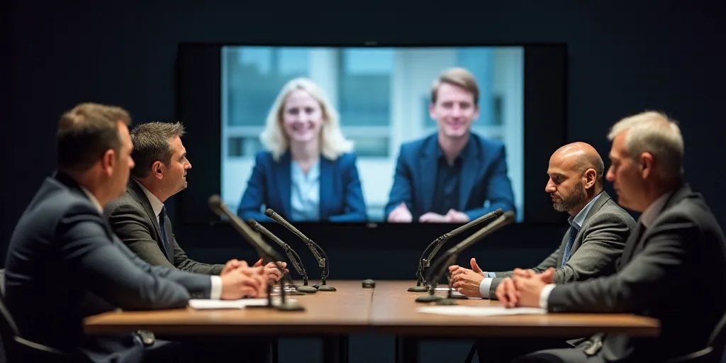 a group of men sitting at a table with microphones in front of them and a screen behind them, Enguer