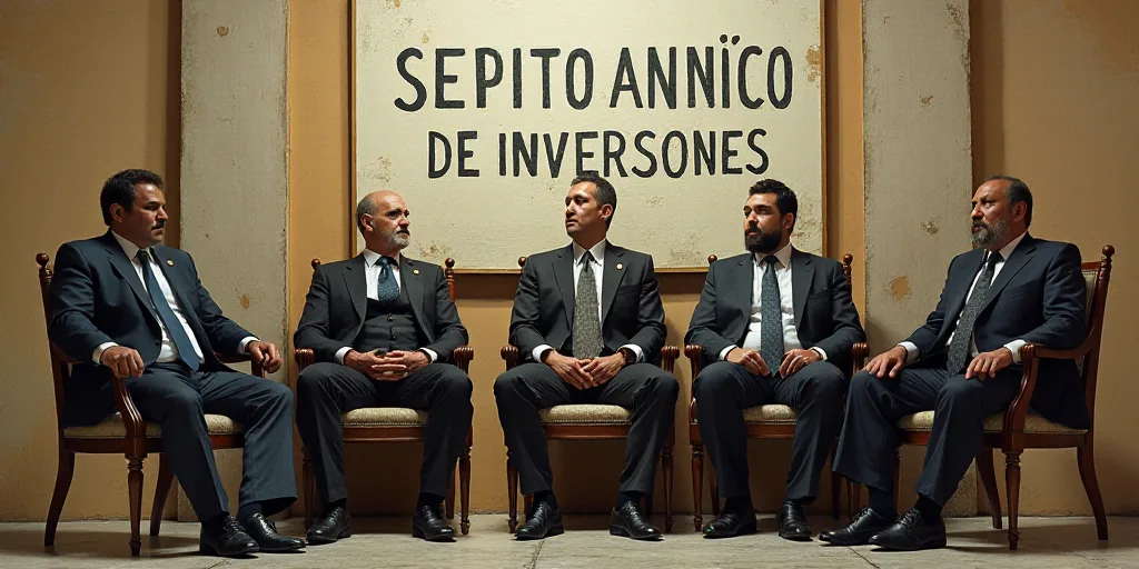 a group of men sitting in chairs in front of a wall with a sign behind them that says sepito annico