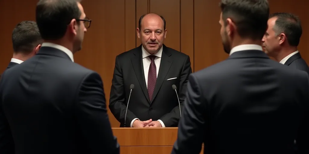 a group of men standing around a podium talking to each other and one man in a suit and tie, Edi Ram