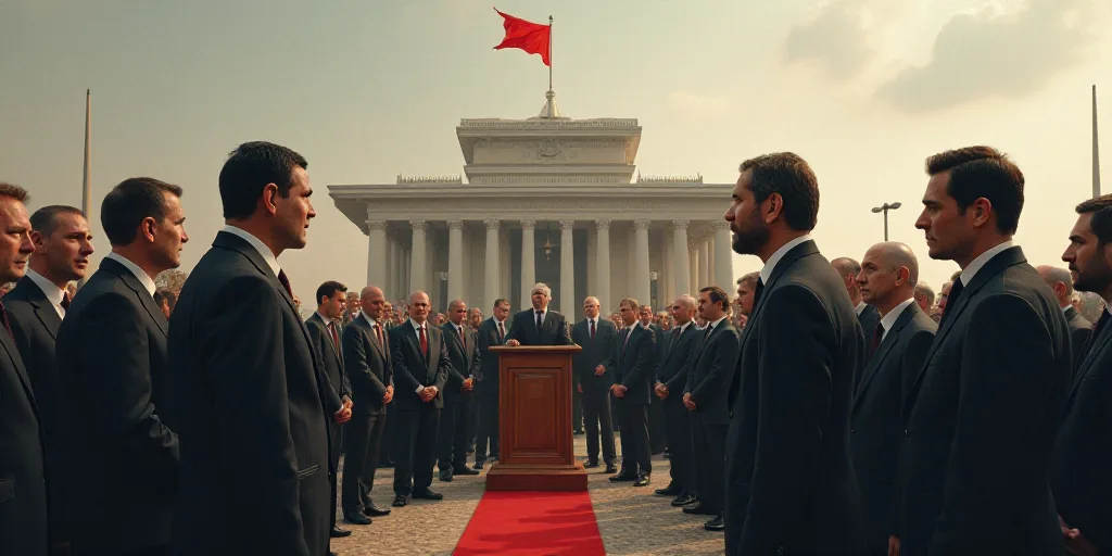 a group of men standing around a podium talking to each other in front of a building with a flag on