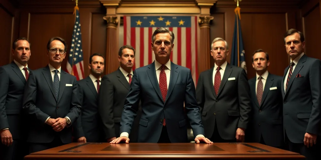 a group of men standing around a desk in a room with flags and a flag banner behind them and a man i