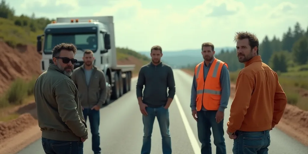 a group of men standing around a road with a truck in the background and a road crew working on the