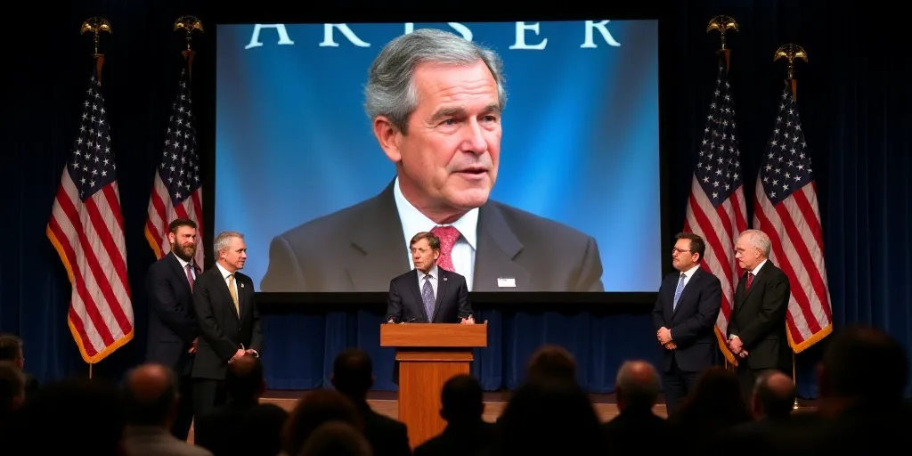 a group of men standing at a podium in front of a screen with a picture of president bush on it, Dav
