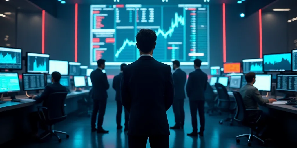a group of men standing in front of a stock market floor with monitors on each side of them and a ma