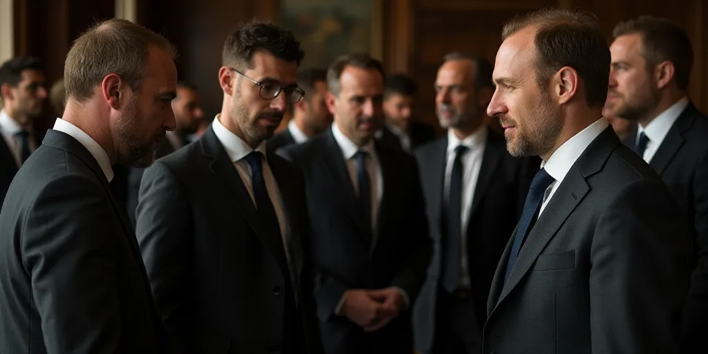 a group of men standing next to each other in suits and ties talking to each other in a room, Carl G