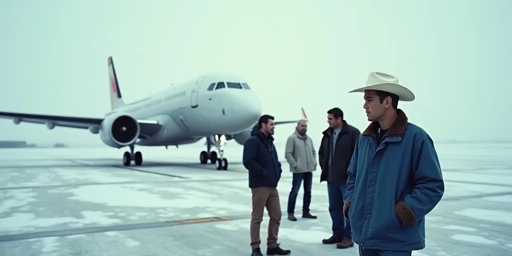 a group of men standing next to an airplane on a runway with a person in a white hat and a man in a
