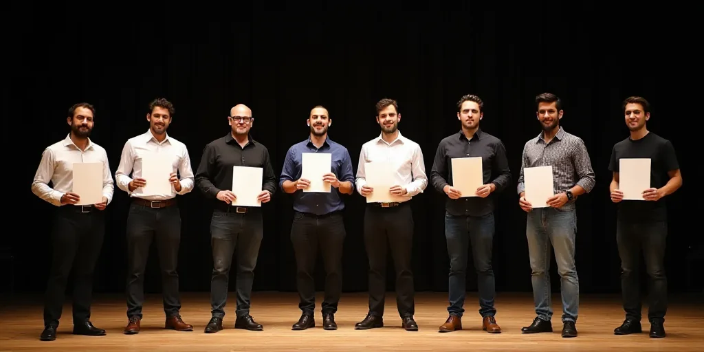 a group of men standing on a stage holding papers and posing for a picture with a backdrop behind th
