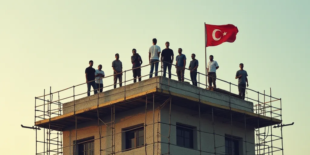a group of men standing on top of a tall building under construction with scaffolding around them an