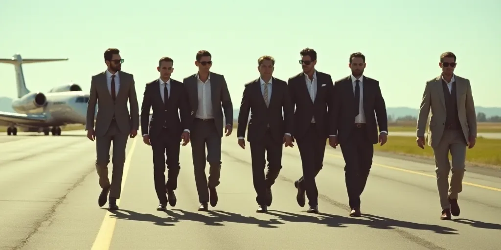 a group of men walking across a tarmac next to each other on a sunny day with a plane in the backgro