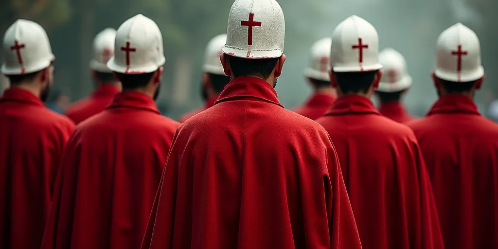 a group of men wearing red robes and white hats with white crosses on them, all facing different dir