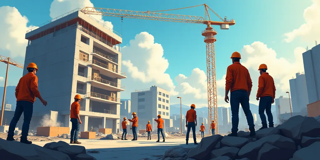 a group of men working on a construction site with a crane in the background and a building under co