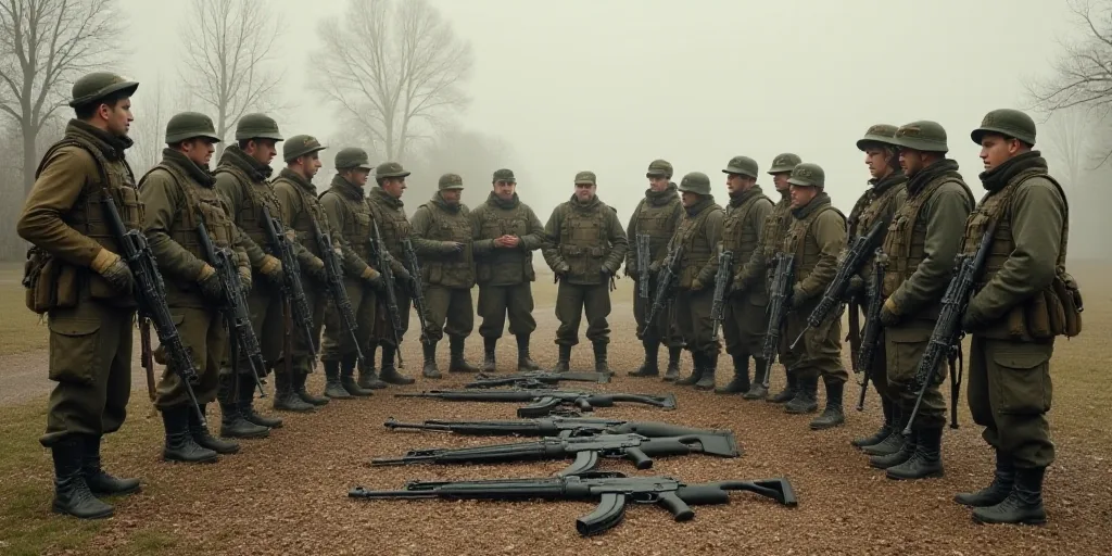 a group of military men standing around with guns and equipment on the ground in front of them, all
