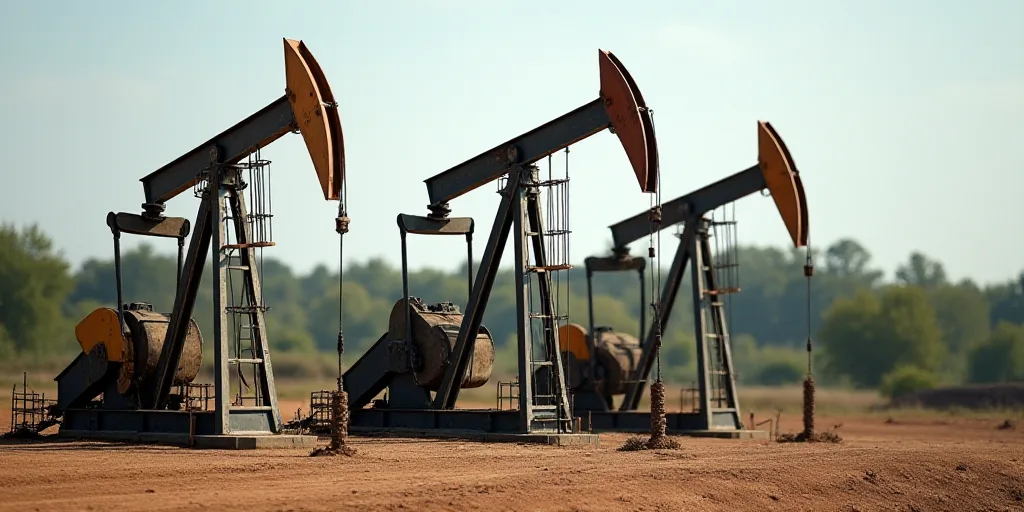 a group of oil pumps sitting next to each other on a field of dirt and trees in the background, Andr