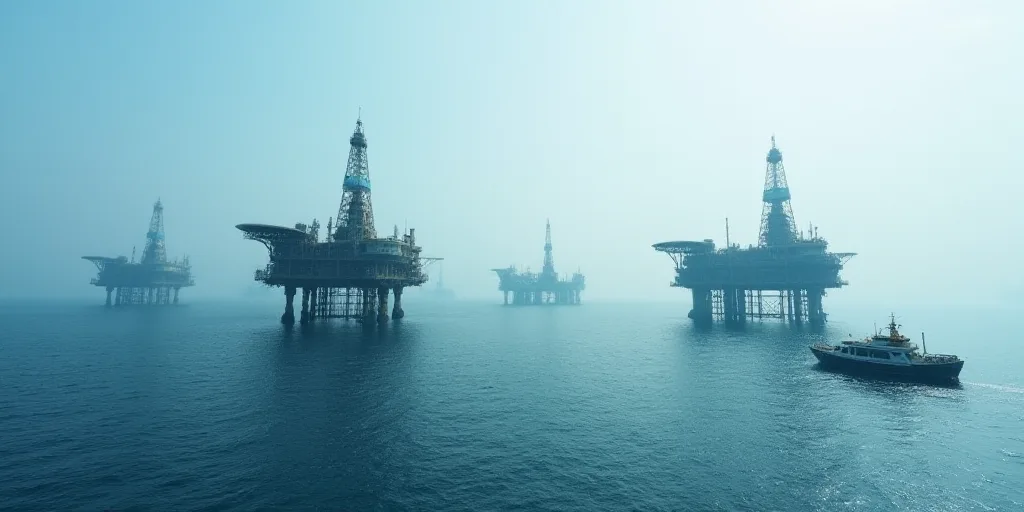 a group of oil rigs in the middle of the ocean with a boat in the water below them, Cui Bai, oil, a