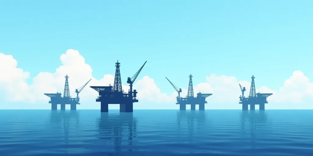 a group of oil rigs in the middle of the ocean with a sky background and a blue sky, Bascove, oil, a