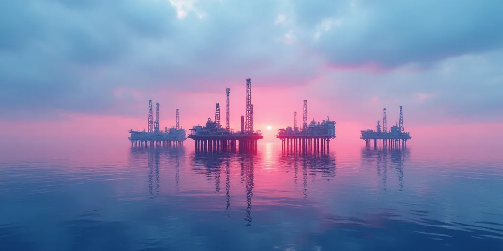 a group of oil rigs in the middle of the ocean at sunset or dawn with a pink and blue sky, Andreas G