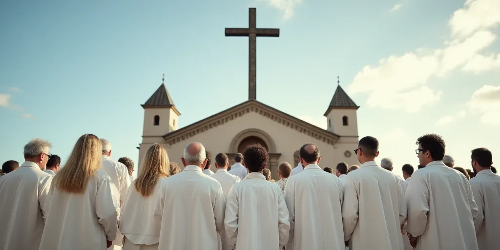 a group of people dressed in white standing in front of a cross and building with a sky background a