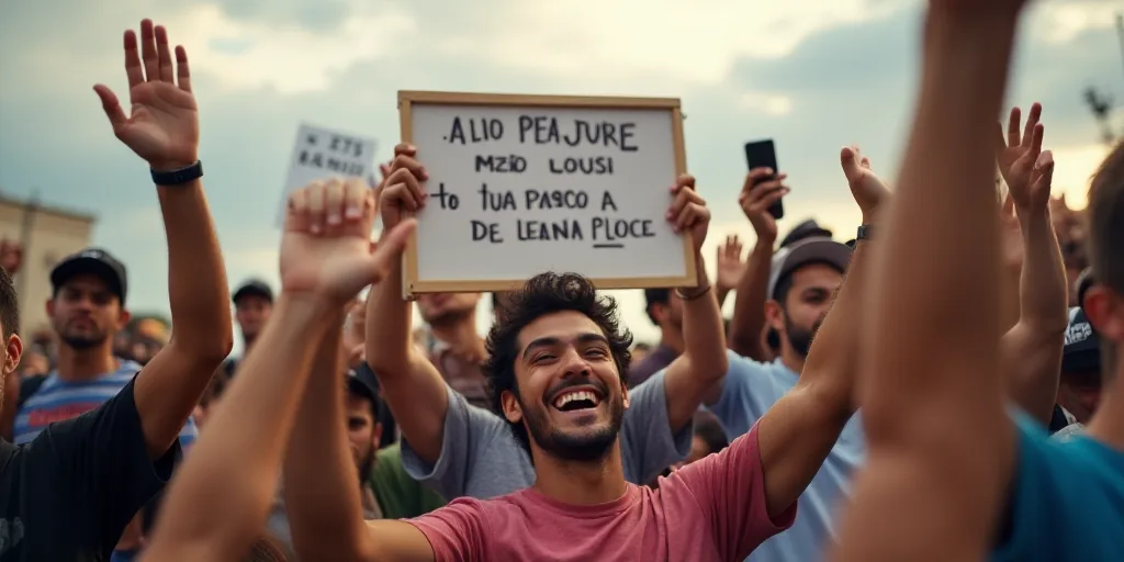 a group of people holding a sign and waving at the camera with their hands up in the air and a man h