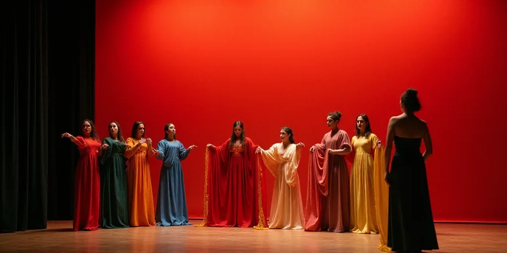 a group of people holding colorful cloths on a stage with a red background in the background, a woma