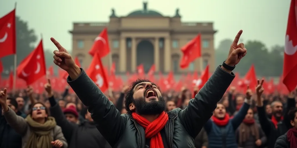 a group of people holding flags and pointing their fingers up in the air with their mouths open in f