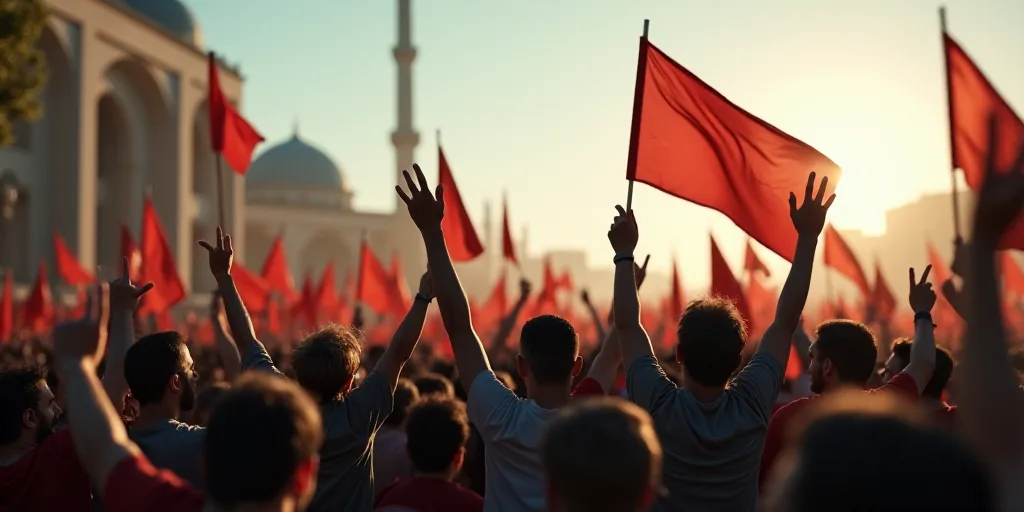 a group of people holding flags and pointing their fingers up in the air with their mouths open in f