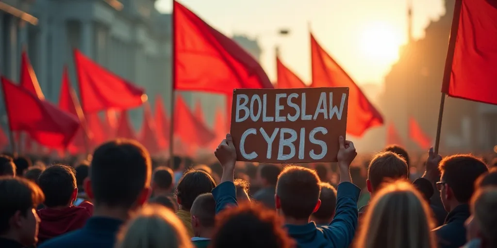 a group of people holding flags and signs in a crowd of people with flags in the background and a si