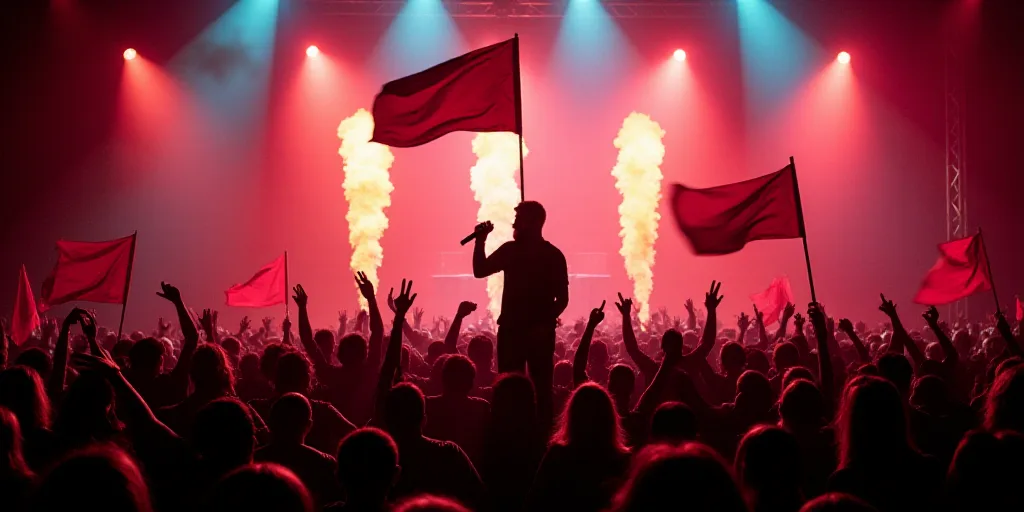 a group of people holding flags standing on a stage with banners behind them and a man holding a mic