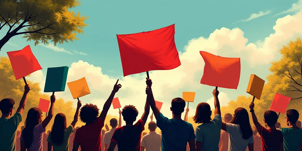 a group of people holding signs and flags in the air with trees in the background and a sky with clo