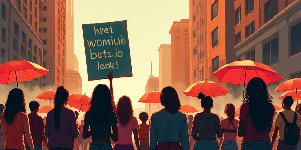 a group of people holding signs and umbrellas in a street with buildings in the background and a wom