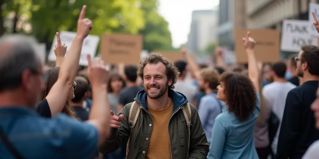a group of people holding signs and pointing at them with their hands in the air and holding up sign