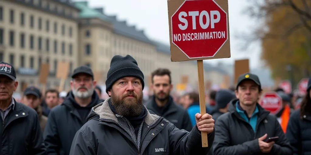 a group of people holding signs in a protest area with a man holding a sign that says stop no discri