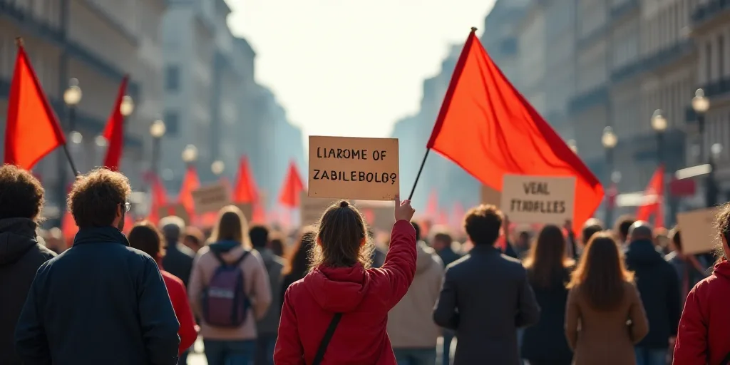 a group of people holding signs and flags in a city street with buildings in the background and peop