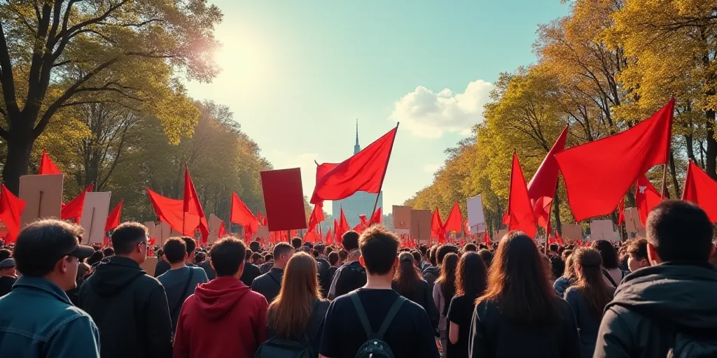a group of people holding signs and flags in a protest area with trees in the background and a sky b