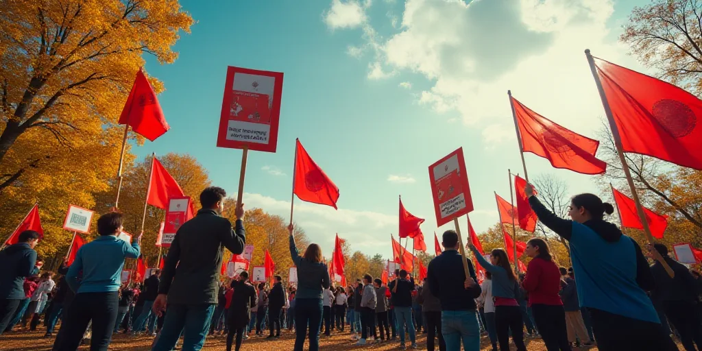 a group of people holding signs and flags in a protest area with trees in the background and a sky b