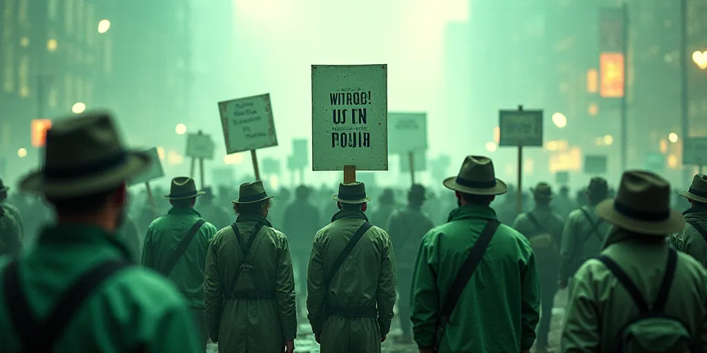 a group of people holding signs and standing in a crowd of people with hats on their heads and holdi