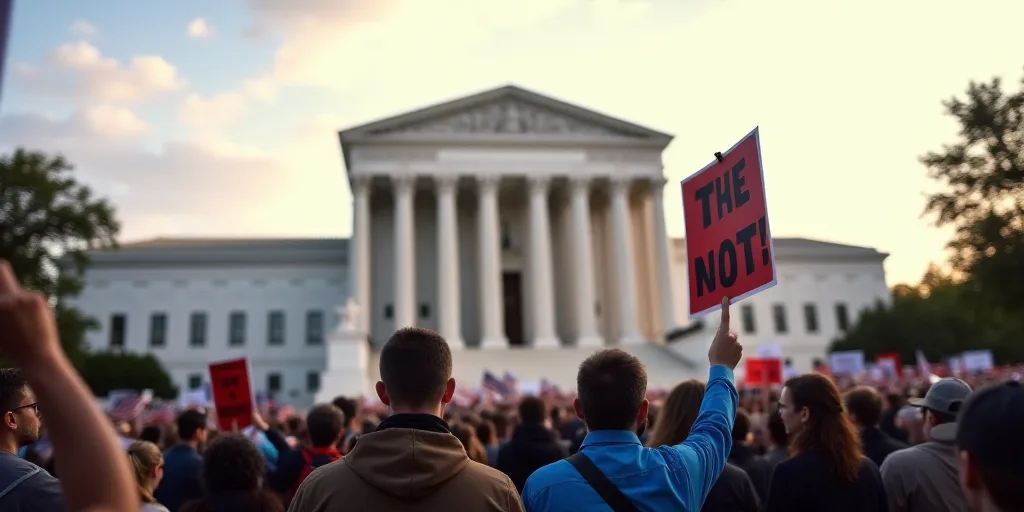 a group of people holding signs in front of a building with a supreme court in the background and a