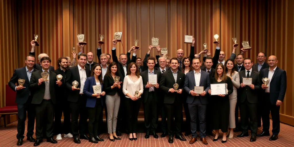 a group of people holding up awards and posing for a picture together in a room with striped walls a