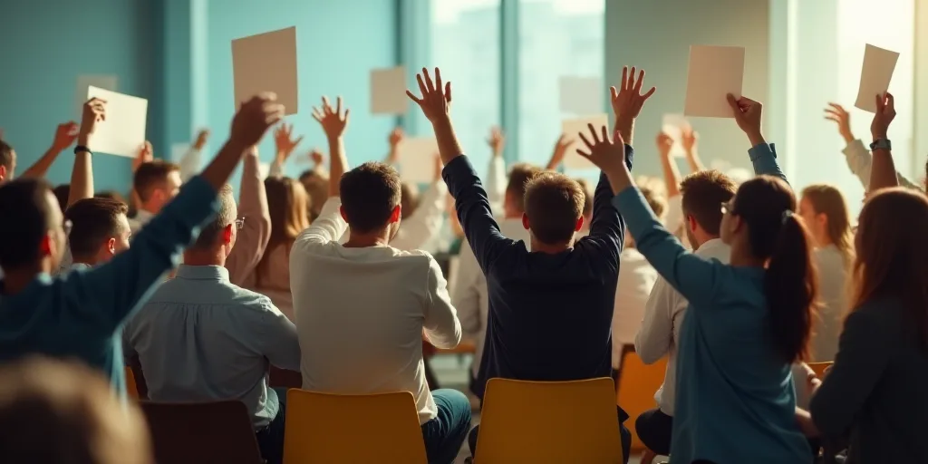 a group of people holding up papers and cheering in a room with a glass wall and a yellow chair, Den