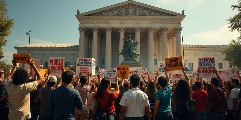 a group of people holding up signs and posters in front of a building with a statue in the backgroun