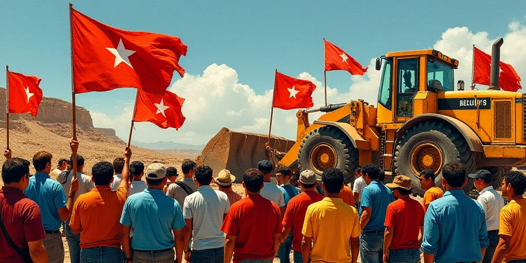 a group of people holding up signs and flags in front of a bulldozer and a tractor in the background
