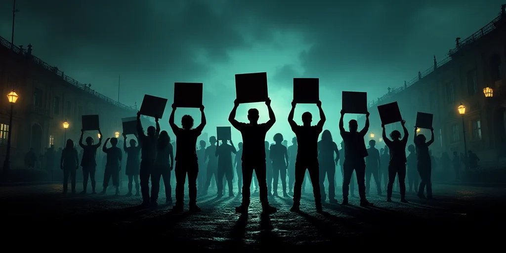 a group of people holding up signs on a stage at night time with lights on the building in the backg