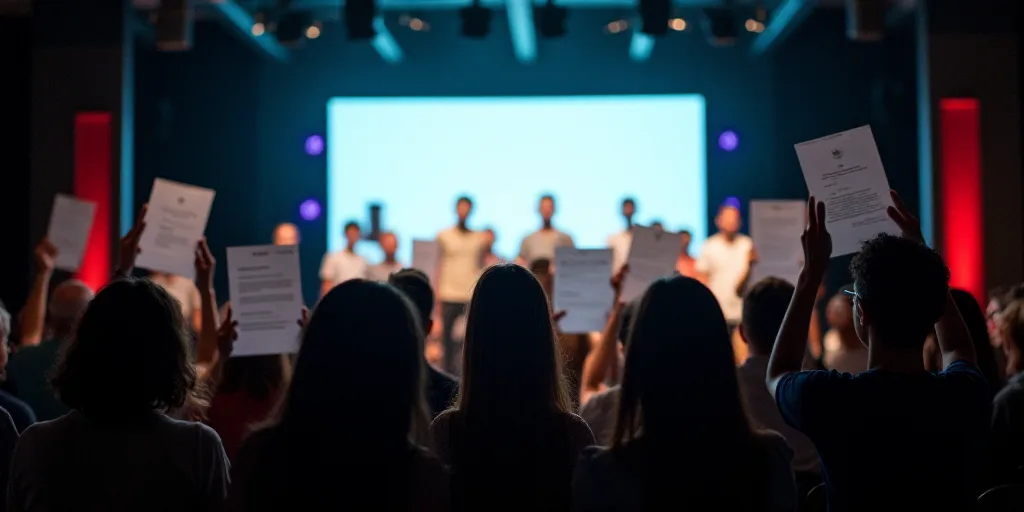 a group of people holding up some papers in front of a stage with a screen behind them and a screen