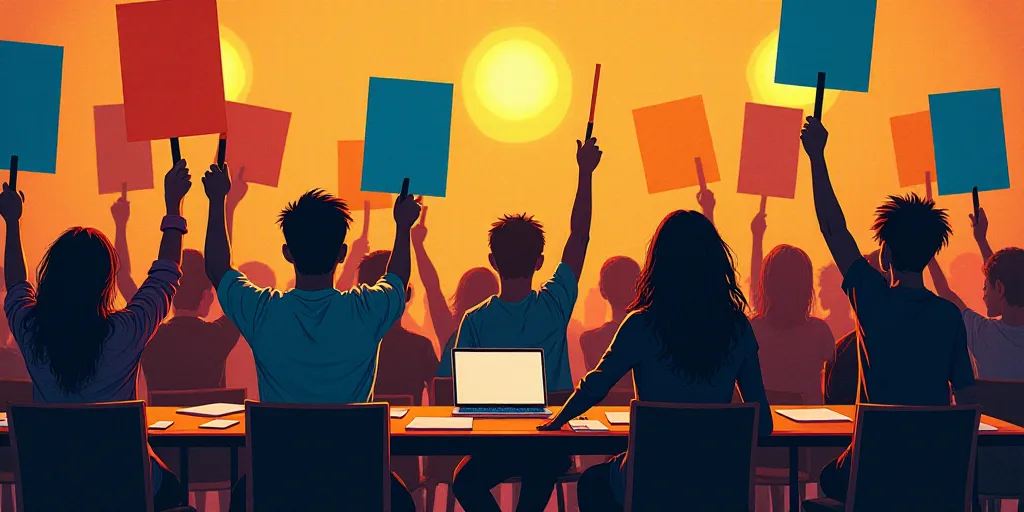a group of people holding up signs in front of a table with chairs and a laptop computer on it, Artu