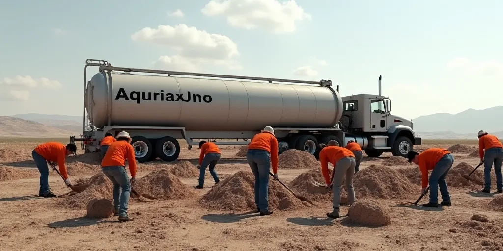 a group of people in orange hats are digging dirt in front of a large tank and a truck with a sign o