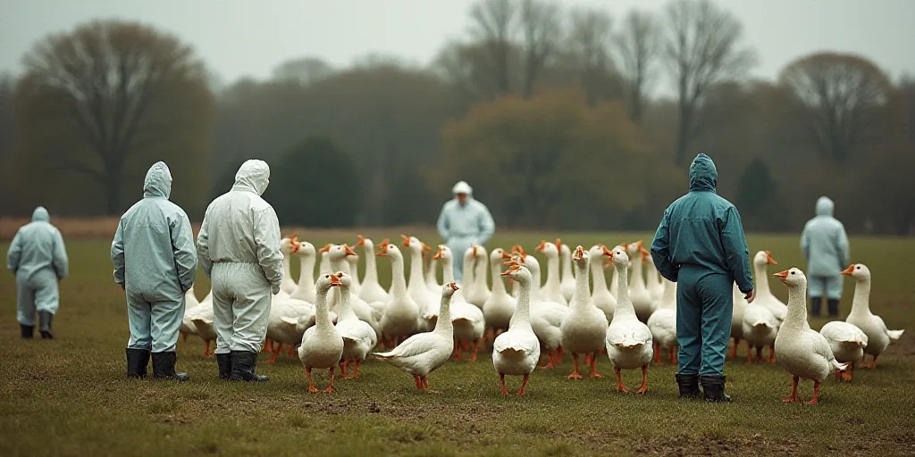 a group of people in protective gear standing around a flock of ducks on a field with trees in the b