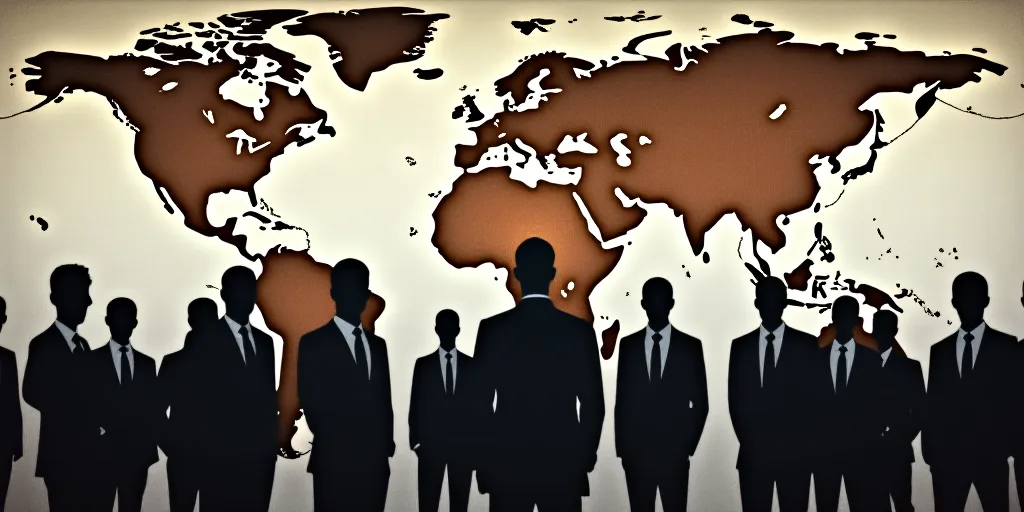 a group of people in suits and ties standing in front of a map of the world on a wall, Federico Urib