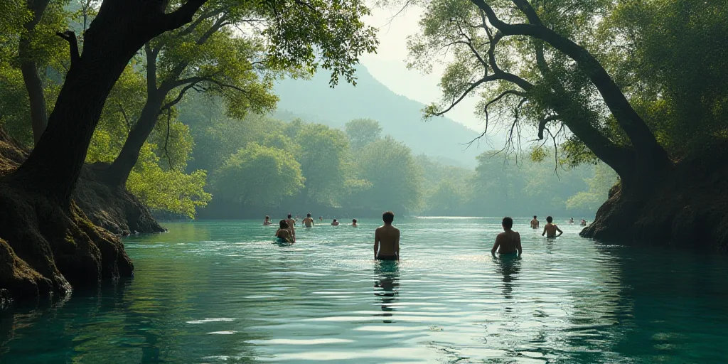 a group of people in the water near trees and bushes in the water, with people in the water, Estuard