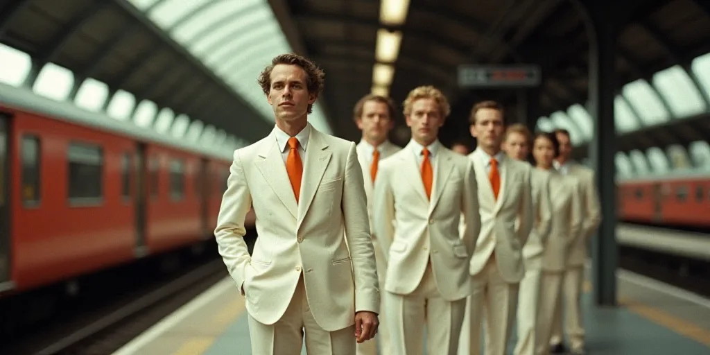 a group of people in white suits and orange ties standing in a line next to a train station platform