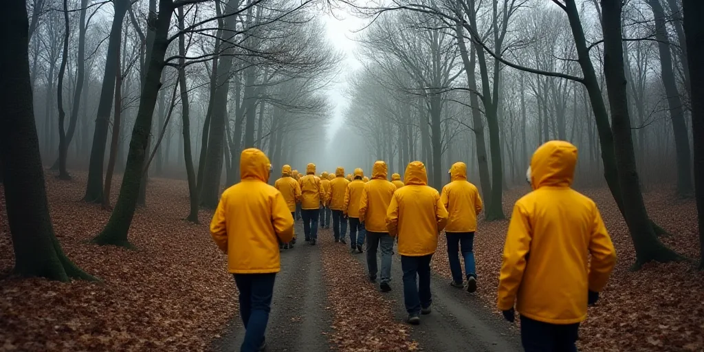 a group of people in yellow jackets and hats walking through a forest with bare trees and no leaves